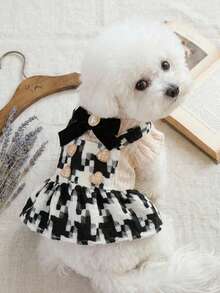 PETSIN 1pcAutumn Winter Pet Plaid Tweed Dress - Heart Decor & Velvet Bow For Small Dogs & Cats - Black and White - View 1