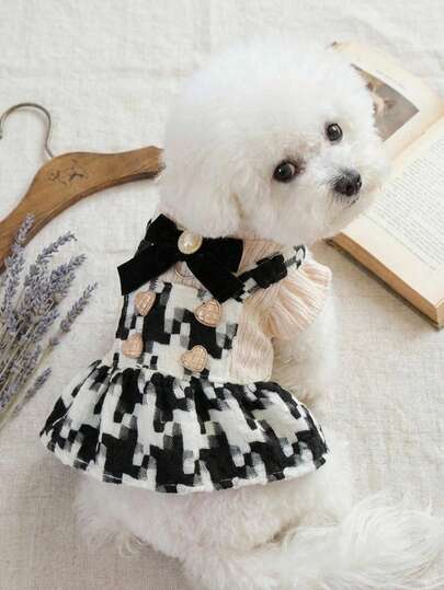 PETSIN 1pcAutumn Winter Pet Plaid Tweed Dress - Heart Decor & Velvet Bow For Small Dogs & Cats