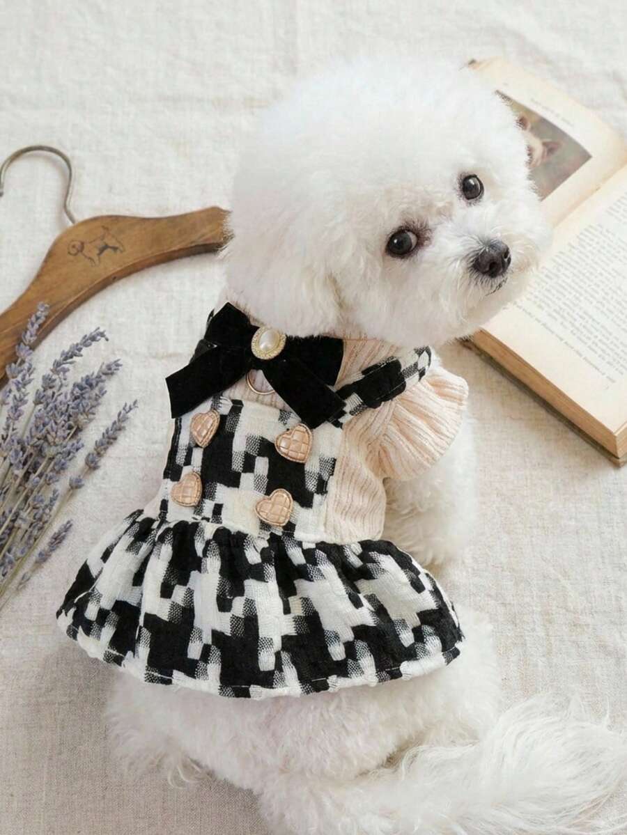 PETSIN 1pcAutumn Winter Pet Plaid Tweed Dress - Heart Decor & Velvet Bow For Small Dogs & Cats - Black and White - View 1
