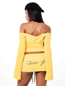 SUMWON WOMEN Off Shoulder Full Zip Yellow Sweatshirt With Flared Long Sleeves Script Text Print Crop Length Fall Winter Casual Top - Yellow - View 2