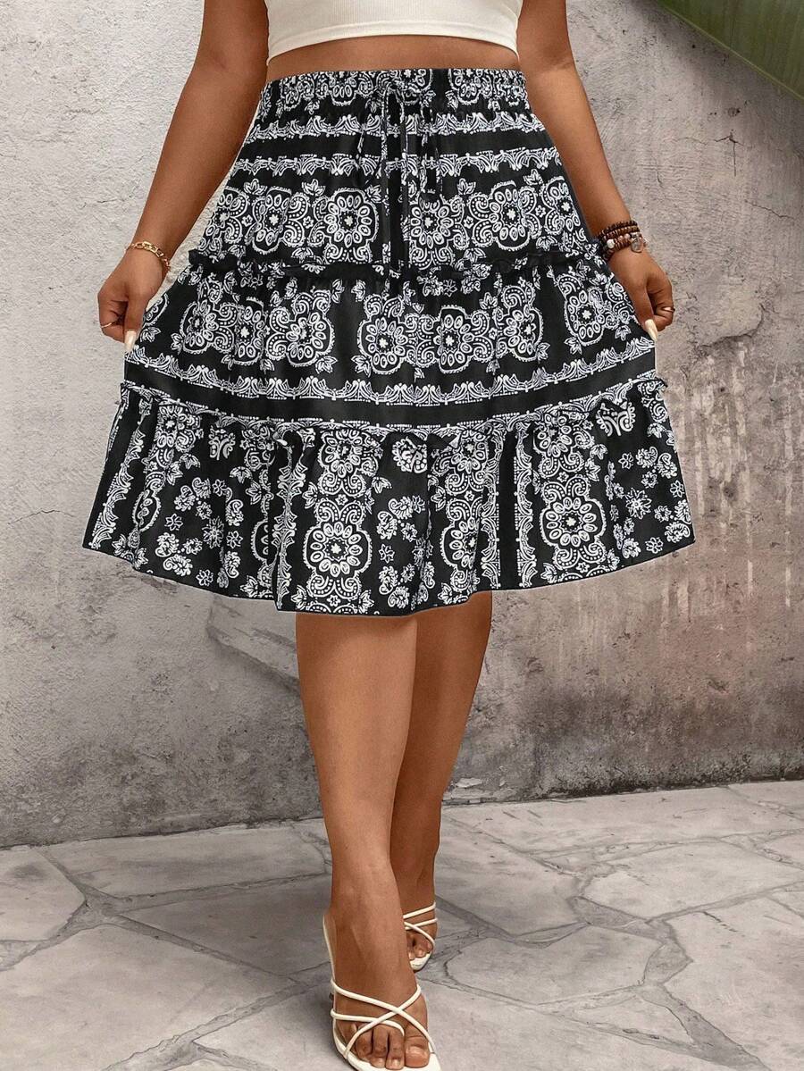 Breezaya Falda plisada casual de talla grande, multiusos, con cuerda de color contrastante y volantes, ideal para vacaciones - Negro - Ver 1