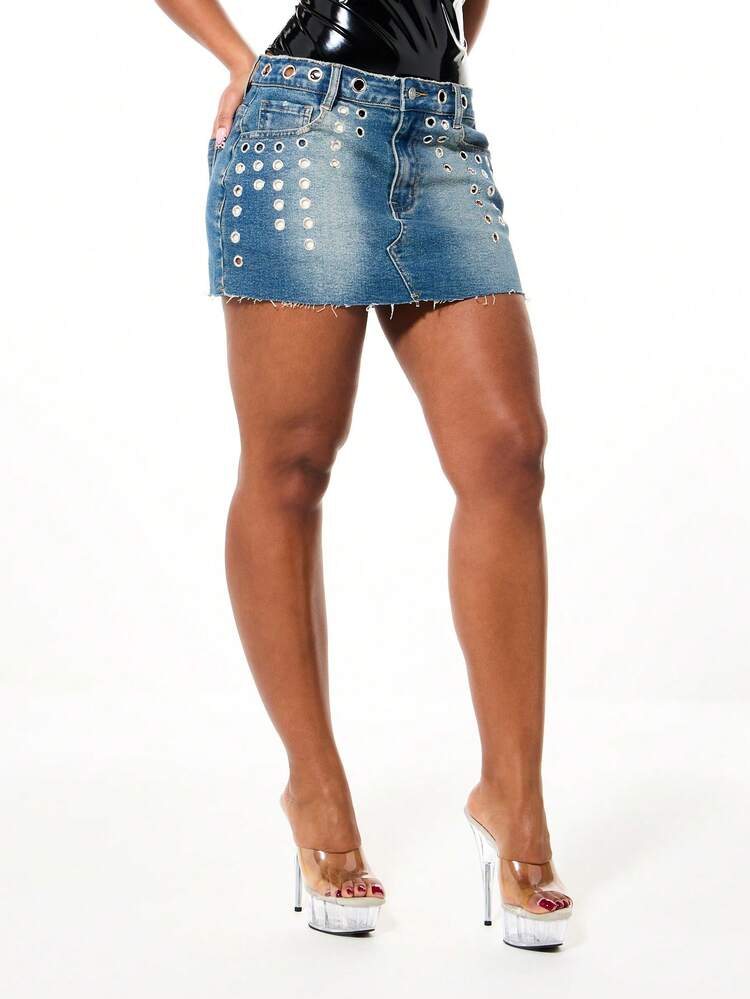 SUMWON WOMEN Denim Mini Skirt With Eyelet Details
