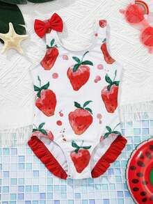 SHEIN 女婴休闲夏季可爱草莓印花连体泳衣 - 彩色 - 查看 4