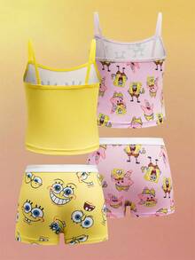 SpongeBob SquarePants | SHEIN Conjunto de 2 piezas de top de tirantes y shorts tipo bóxer con gráficos de dibujos animados lindos para niña - Amarillo - Ver 2