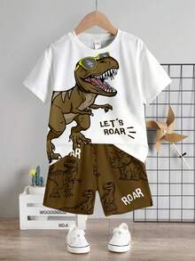 SHEIN Young Boy Casual T-Shirt Set, Classic Jurassic Cartoon Dinosaur Graphic Print, Suitable For Spring/Summer - Multicolor - View 2
