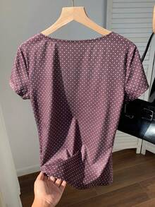 Comfortcana Áo thun nữ mùa xuân/hè thời trang mới về 2026, cổ tim, vai thường, tay ngắn, phối ren thắt nút, ôm dáng, thích hợp mặc đi biển. - Nhiều màu - Xem 2