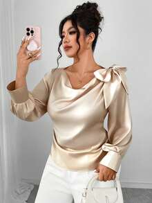 SHEIN PETITE CURVE Blusa elegante in tessuto di raso con fiocco decorativo, collo rotondo, maniche lunghe, vita arricciata, adatta per uscite, pendolarismo, appuntamenti, feste, autunno/inverno, disponibile in taglie petite e taglie forti - Albicocca - Visualizzare 3