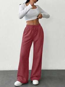 Women's Casual Sports Drawstring Waist Flared Sweatpants, Solid Color, Versatile For Daily Commute - Burgundy - View 5