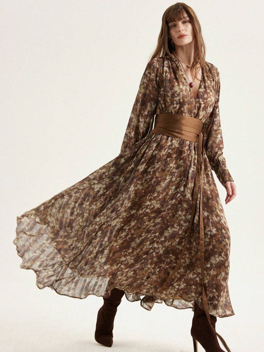 Aveloria Modichic European & American Style New Metallic Thread Print V-Neck Satin Belt Fashionable Versatile Commuting Flared Long Sleeve Dress - Multicolor - View 1