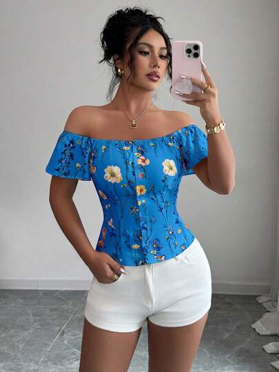 Selianne Summer New Floral Stamen Print Off-Shoulder Slim-Fit Waist-Cinching Crop Top Blue Summer Top