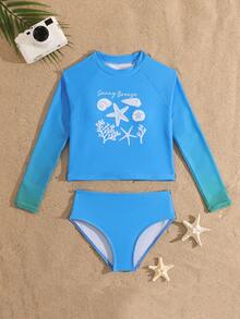 SHEIN New Fashion Girls Long Sleeve Printed Bikini Set Tween Swimsuit Rashguard Girls 7 8 Long Sleeve Bikini Girls Rash Guard 2 Piece Girl Swim Long Sleeves Set Tween Long Sleeve Swim Top Girls Long Sleeve Bikini Swimsuits For Teen Girls Long Sleeve Uv Protection Swimwear Girl Girls Swim Rashguard Tween Swim Shirt Tween Bathing Suit Long Sleeve - Blue - View 4