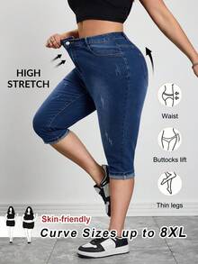 SHEIN CURVE+ Plus Size Women Pocketed Button Casual Everyday Wear Cropped Jeans Spring To Summer Valentine's Day Carnival Costume Commuting Vacation Graduation Chic Y2k Cute Streetwear Party Wedding Elegant Business Casual Woman Plus Size Women's High Stretch Dark Wash Denim Capris Comfort Fit Mid-Rise Jeans - Blue - View 10