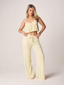 MISSGUIDED Pointelle Ruffle Camisole Crop Top Wide Leg Pants Pajama Set Summer Sleepwear Lounge Co-Ord - Yellow - View 1