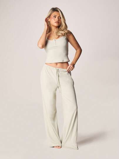 MISSGUIDED Sage Ribbed Tank Top And Wide Leg Pants Lounge Set With Button Detail Soft Feel Casual Coordinated Sleepwear Loungewear Comfort Set