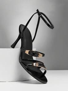SHUZIA 女士优雅踝带双带细高跟凉鞋 - 黑色 - 查看 2