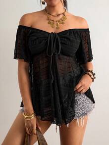 Freevana 大码女式露肩扭结设计时尚百搭上衣，适合约会和外出穿着 - 黑色 - 查看 4