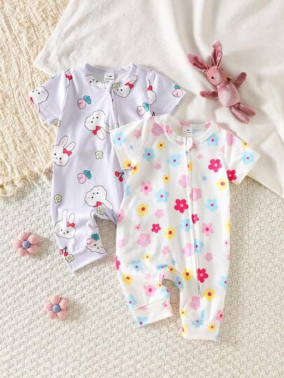 SHEIN 2pcs Newborn Baby Floral Print & Cartoon Rabbit Print Romper Set