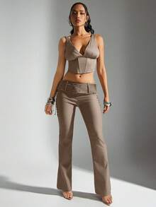 Denimoi Belted Fit & Flare Lace Up Side Mid Rise Pant - Khaki - View 3