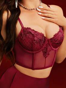 EmpressEnvy Lingerie da donna ricamata bordeaux, pizzo sexy e floreale, elegante e affascinante per vacanze, appuntamenti e uso quotidiano - Bordò - Visualizzare 5