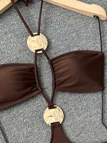 SHEIN Swim 1pc Solid Color Pearl Fabric Halter Waist Hollow Front Metal Decor Backless Tie Bikini Swimsuit For Women - Brown - View 6