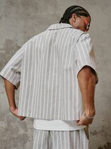 PAVTROS 日常街头风，夏季度假男士休闲纱线染色条纹拉链短袖衬衫和阔腿裤套装，轻盈透气梭织面料，完美打造休闲度假风，是送给男友的理想礼物，适合夏季和情人节穿着。 - 彩色 - 查看 5