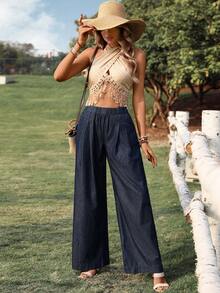 Breezaya 女士优雅休闲弹力腰直筒宽松百搭牛仔裤，四季皆宜 - 深色水洗藍 - 查看 6