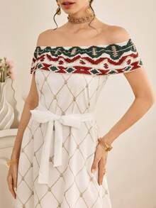 Al Najma Women's Retro Off-Shoulder Arabic Style Dress - White - View 5