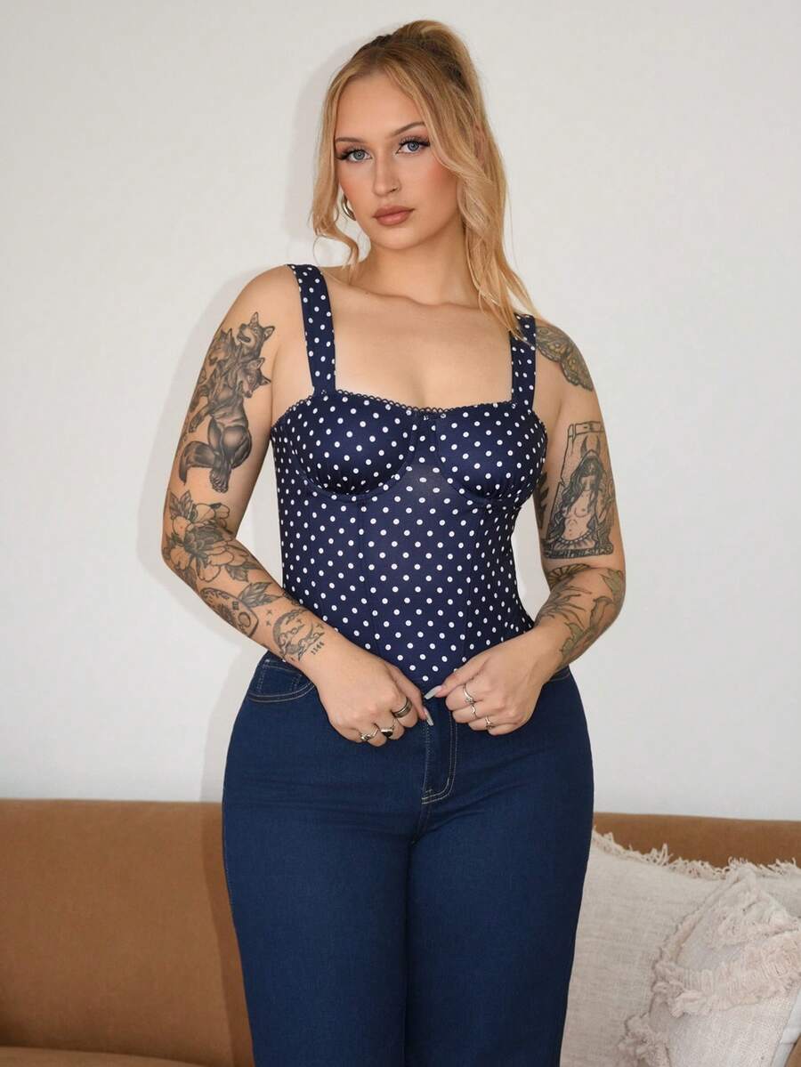 Arliah 女士约会之夜派对生日派对夜店节日派对优雅黑色波尔卡圆点印花背心，女友派对，约会，日常街头通勤可爱紧身胸衣性感上衣 - 藏蓝色 - 查看 1