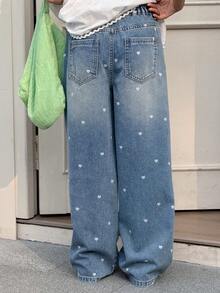 DAZY Tween Girls' Pocket Button Heart Print Casual Versatile Daily Wear Wide Leg Jeans - Light Wash - View 5