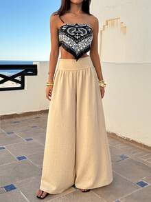 EURMUSE 女士，春季，夏季，米色，亚麻，舒适，旅行，波西米亚风，Ng，米色长裤，仿亚麻，亚麻质感，阔腿，高腰，收腰，旅行裤，夏季长裤，可折叠，度假装，中性色长裤，波西米亚风 - 米色 - 查看 5