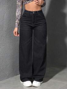 SHEIN EZwear 大码女式复古休闲直筒无弹力中蓝色牛仔裤 - 黑色 - 查看 3