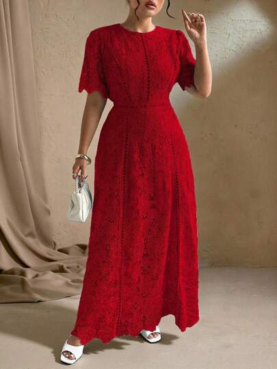 Roveilla فستان طويل أنيق بخطوط A للمرأة ذات الحجم الكبير، بطبعات رومانسية وتطريز أحمر للكريسماس، مناسب للحفلات والزفاف والمناسبات الرسمية، للربيع والخريف