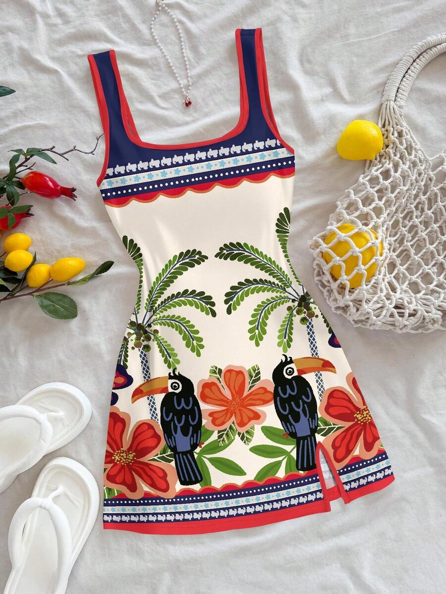 Soleia Đầm ngắn kiểu dáng nghỉ dưỡng thường ngày, phong cách nghỉ dưỡng Brazil, họa tiết rừng nhiệt đới, chim toucan và cây cọ, họa tiết hình học, viền hoa, phối màu tương phản, cổ chữ U, hở lưng, thích hợp cho mùa hè. - Nhiều màu - Xem 1