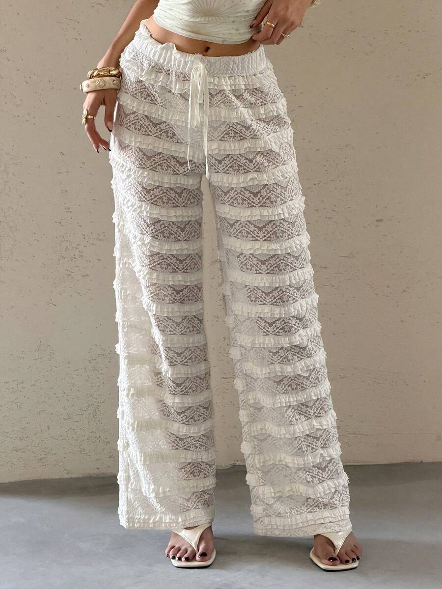 Bluhae Pantalones largos de mujer con encaje jacquard y diseño calado, nueva llegada de primavera/verano - Albaricoque - Ver 1