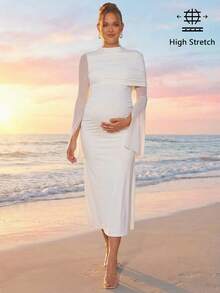 Loomaby Maternity Solid Color Ruched Split Long Sleeve Elegant Dress,Gender Reveal Baby Shower Spring Outfit Women , Break Outfits - White - View 9