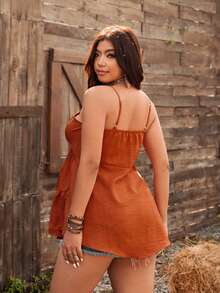 Ceyna Plus Size Sleeveless V-Neck Midi Printed Shirt, Summer - Rust Brown - View 2