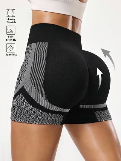 Seamluxe SHEIN Sport 1pc Women's Seamless Knit High Elasticity Yoga Fitness Shorts, Sports Shorts, Cycling Shorts, Running Shorts, Black Tight Lifting Pants For Women Black Shorts