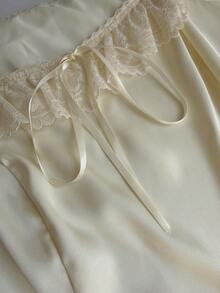 Sunnyshic Lace Trim Square Neck Slip Dress, Satin Smooth Waist Cinching A-Line Mini Skirt - White - View 7