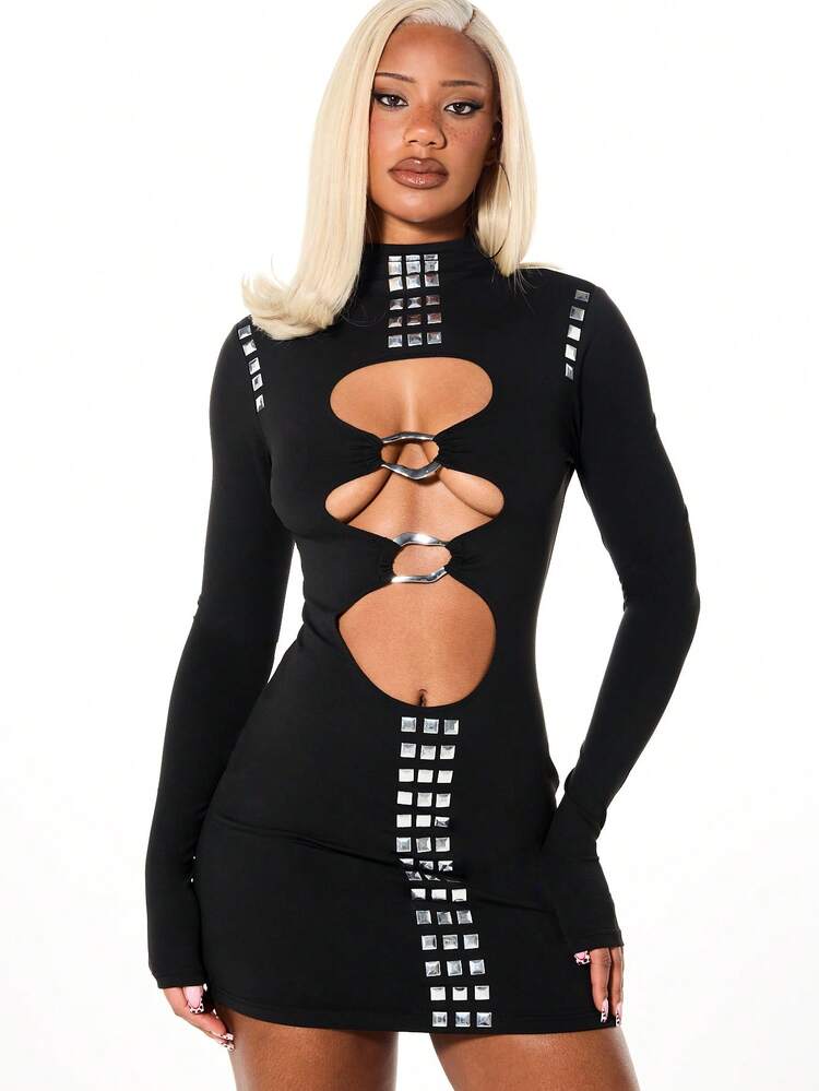 SUMWON WOMEN Long Sleeve Cut Out O Ring Stud Dress