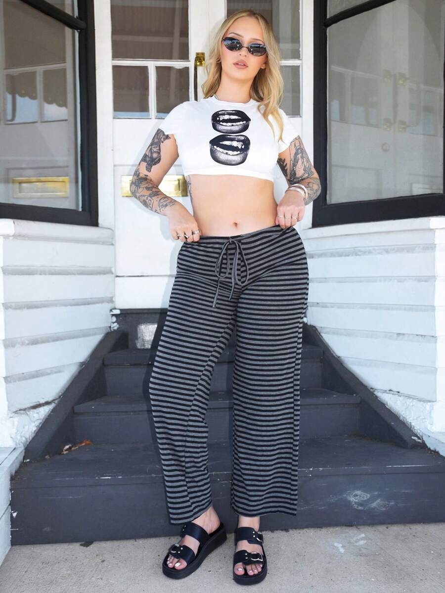 Arliah 女士新款超低腰黑色条纹裤，秋冬款 - 黑色 - 查看 1