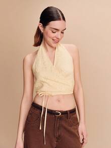 lacRébo Yellow Floral Wrap Crop Top With Open Back Cute Vintage Spring Summer Holiday Top French Style - Yellow - View 4