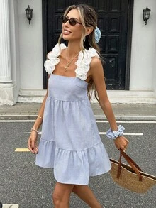 Pariaura 优雅荷叶边条纹吊带连衣裙，女士荷叶边露背系带时尚连衣裙，蓝白条纹女士办公通勤连衣裙，适合春秋季节，优雅连衣裙，商务休闲夏季 - 藍白色 - 查看 5