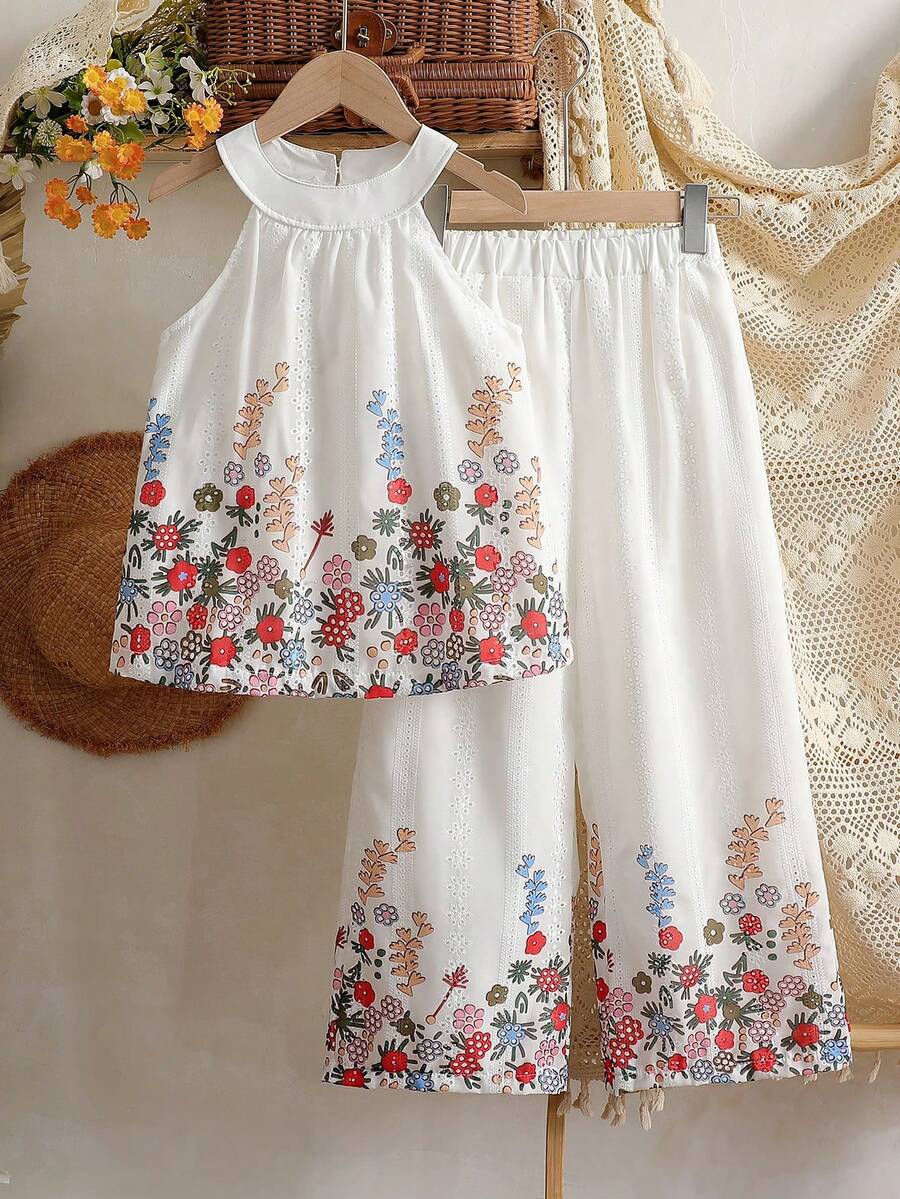 Vintaside Kids 2pcs/Set Girls Hollow Out Camisole Top And Floral Embroidered Long Pants Set - Multicolor - View 1