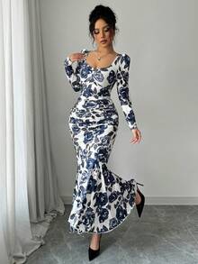 Modelyn Women's Full Bloom Floral Print Mermaid Dress Maxi Women Outfit Long Evening Dresses - Blue - View 5