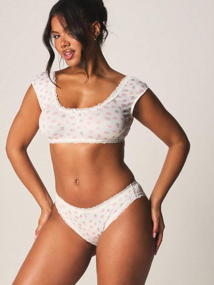 MISSGUIDED Floral Printed Lace Trim Cap Sleeve Bralette Soft Ribbed Lingerie For Everyday Comfort