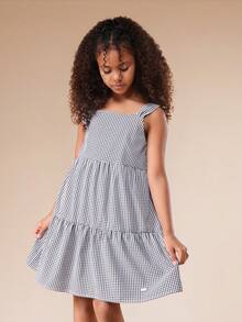 SUMWON Girls Gingham Check Tiered Sundress With Square Neckline And Ruffle Tiers For Summer Casual Wear Vacation - Black and White - View 4