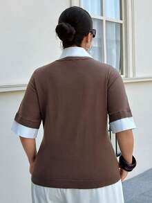 Dazy Plus Plus Size Solid Color Minimalist Short Sleeve Knit Top, Everyday Wear Summer - Brown - View 2