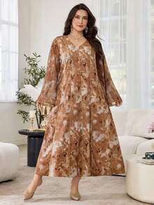 Al Najma Plus Size Women Marble Texture Patchwork Gold Stripe Dress, Spring - Multicolor - View 4