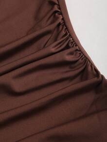 Sweetra Spring/Summer New Arrival Boat Neck Pleated Asymmetric Hem Top & Long Skirt Set, Fashionable Casual - Brown - View 8