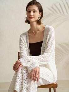 Airaco 女士休闲度假简约宽松针织镂空开衫半裙套装，春夏款 - 米色 - 查看 7